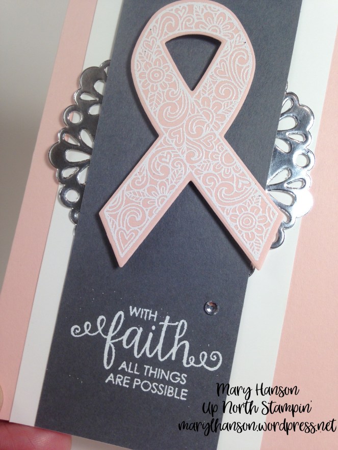 Pink ribbon white embossed Mary Hanson Up North Stampin