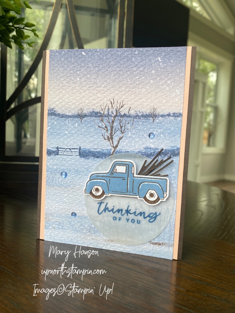 This image has an empty alt attribute; its file name is trucking-along-bundle-one-horse-open-sleigh-dsp-pals-blog-hop-august-boho-blue-mary-hanson-table-up-north-stampin.jpg
